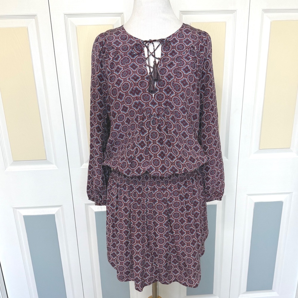 Joie Silk Burgundy Blue Geometric Print Tie Neck Tassel Tunic Blouse Dress‎ S